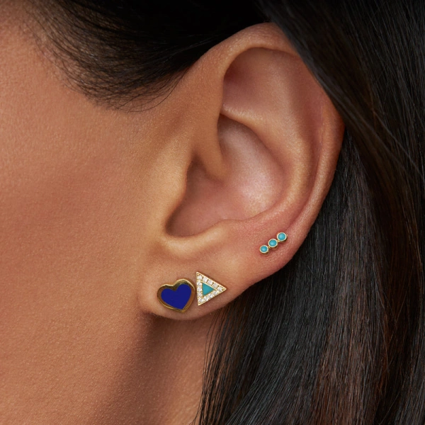 Jennifer Meyer Lapis Inlay Heart Studs in 18K Yellow Gold | Fine Earrings | Coveti