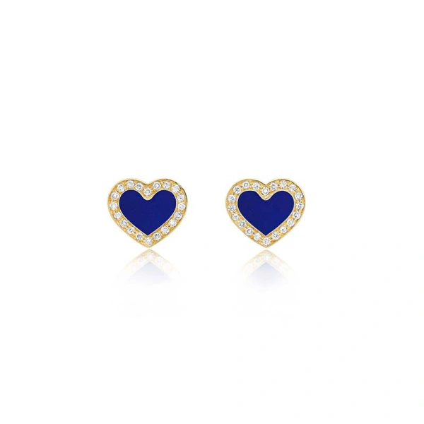 Jennifer Meyer Lapis Inlay Heart Studs with Diamonds in 18K Yellow Gold | Fine Earrings | Coveti