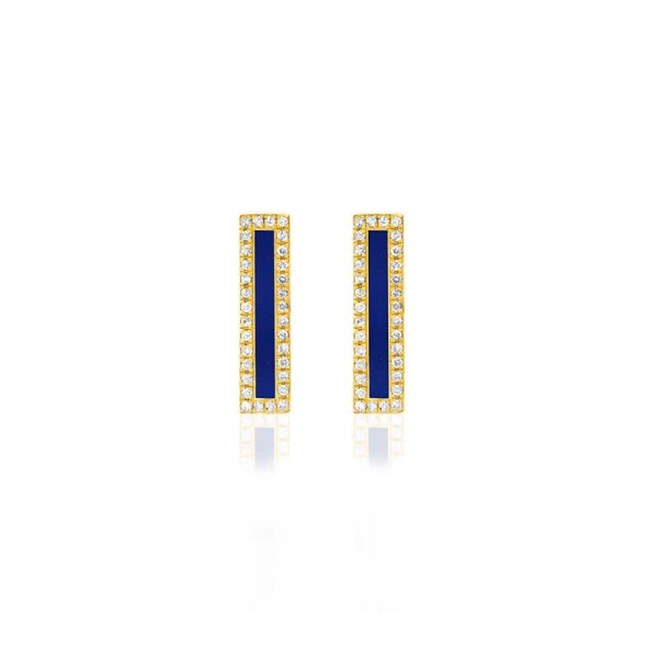 Lapis Inlay Long Bar Studs with Diamonds in 18K Yellow Gold