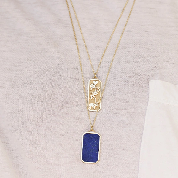 Jennifer Meyer Lapis Inlay Tag Necklace in 18K Yellow Gold | Fine Necklaces | Coveti