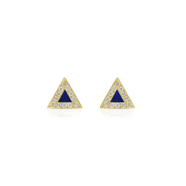 Jennifer Meyer Lapis Inlay Triangle Studs with Diamonds in 18K Yellow Gold | Fine Earrings | Coveti