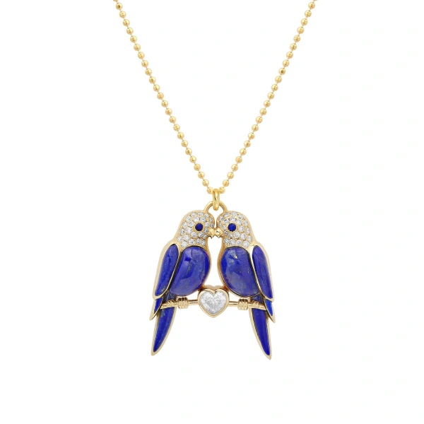 Jennifer Meyer Lapis and Diamond Lovebirds Necklace in 18K Yellow Gold | Fine Necklaces | Coveti