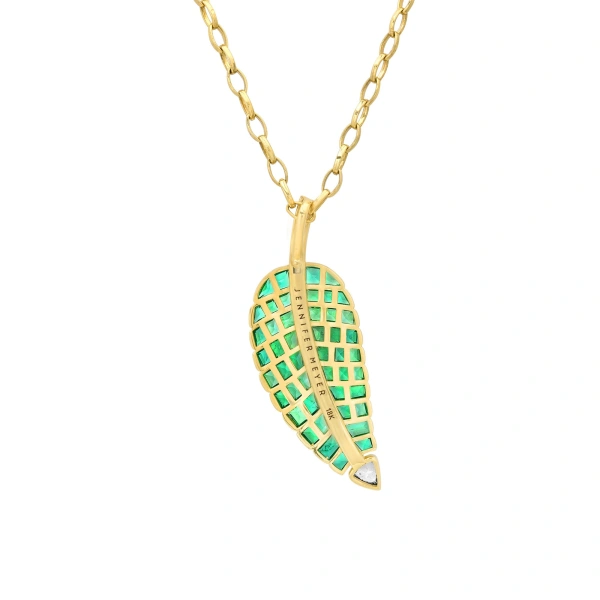 Jennifer Meyer Large 20th Anniversary Emerald & Diamond Leaf Necklace in 18K Yellow Gold | Fine Necklaces | Coveti