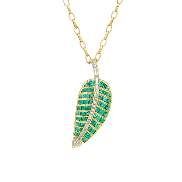 Jennifer Meyer Large 20th Anniversary Emerald & Diamond Leaf Necklace in 18K Yellow Gold | Fine Necklaces | Coveti