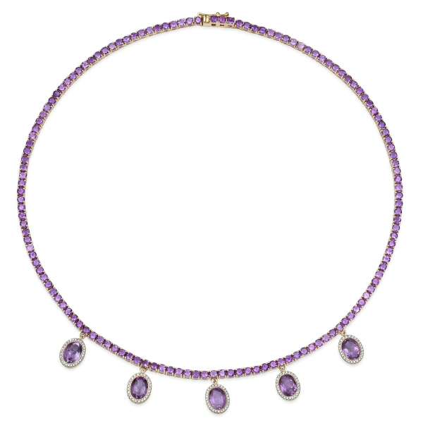 Jennifer Meyer Large 4 Prong Amethyst Tennis Necklace with Five Amethyst Drops in 18K Yellow Gold | Fine Necklaces | Coveti