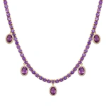 Jennifer Meyer Large 4 Prong Amethyst Tennis Necklace with Five Amethyst Drops in 18K Yellow Gold | Fine Necklaces | Coveti