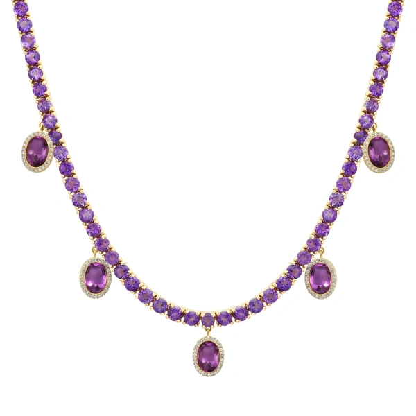 Jennifer Meyer Large 4 Prong Amethyst Tennis Necklace with Five Amethyst Drops in 18K Yellow Gold | Fine Necklaces | Coveti