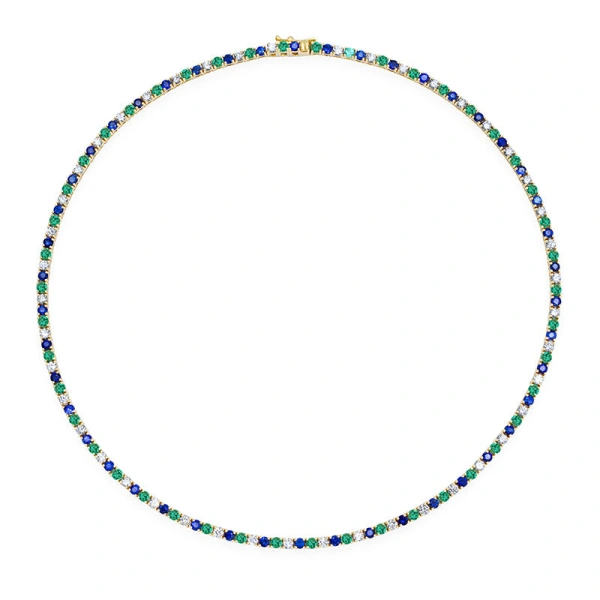 Jennifer Meyer Large 4 Prong Diamond, Emerald, and Sapphire Tennis Necklace in 18K Yellow Gold | Fine Necklaces | Coveti