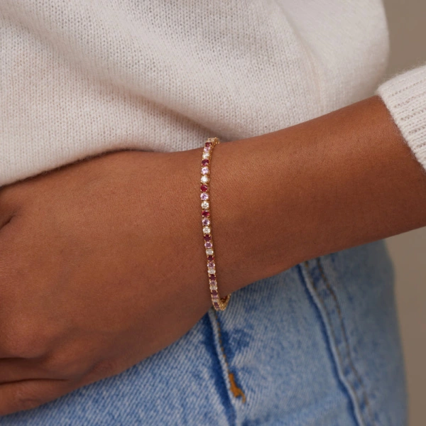 Jennifer Meyer Large 4 Prong Diamond, Pink Sapphire, and Ruby Tennis Bracelet in 18K Yellow Gold | Fine Bracelets | Coveti