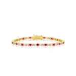 Jennifer Meyer Large 4 Prong Diamond, Pink Sapphire, and Ruby Tennis Bracelet in 18K Yellow Gold | Fine Bracelets | Coveti
