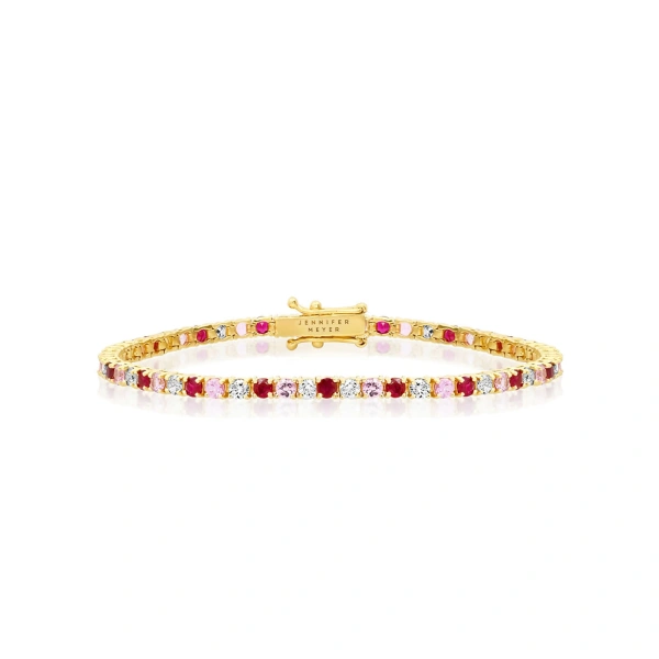 Large 4 Prong Diamond, Pink Sapphire, and Ruby Tennis Bracelet in 18K Yellow Gold