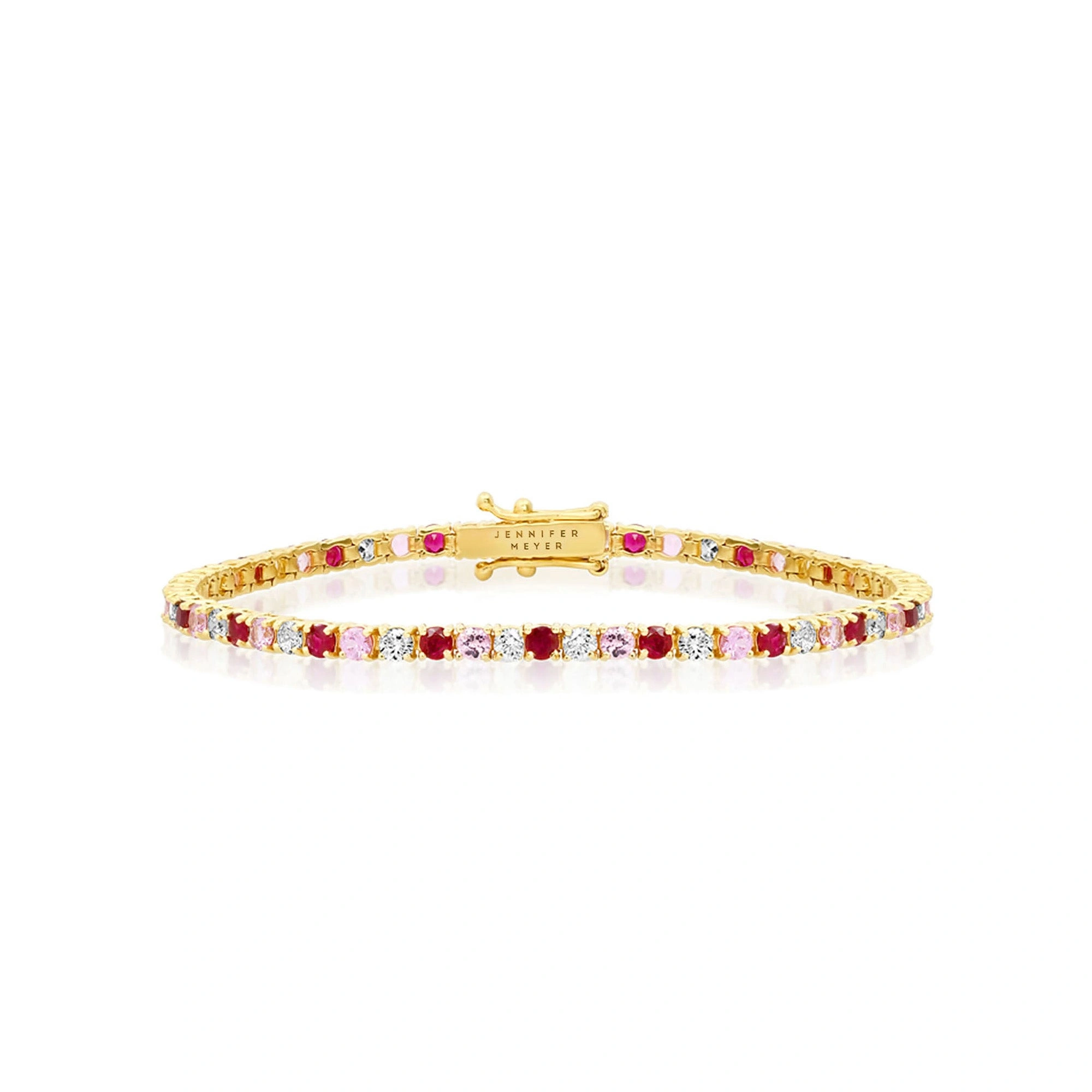 Jennifer Meyer Large 4 Prong Diamond, Pink Sapphire, and Ruby Tennis Bracelet in 18K Yellow Gold Jennifer Meyer Large 4 Prong Diamond, Pink Sapphire, and Ruby Tennis Bracelet in 18K Yellow Gold | Fine Bracelets | Coveti