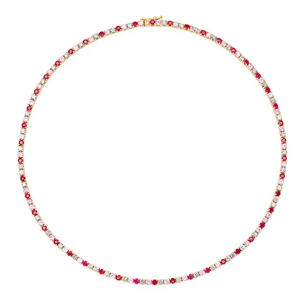 Jennifer Meyer Large 4 Prong Diamond, Pink Sapphire, and Ruby Tennis Necklace in 18K Yellow Gold | Fine Necklaces | Coveti
