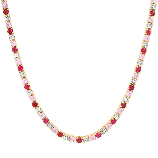 Jennifer Meyer Large 4 Prong Diamond, Pink Sapphire, and Ruby Tennis Necklace in 18K Yellow Gold | Fine Necklaces | Coveti
