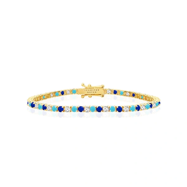 Jennifer Meyer Large 4 Prong Diamond, Turquoise, and Lapis Tennis Bracelet in 18K Yellow Gold | Fine Bracelets | Coveti