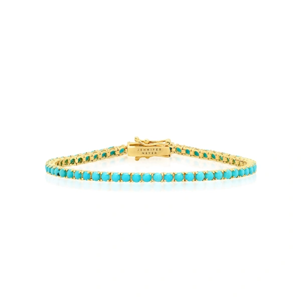 Jennifer Meyer Large 4 Prong Turquoise Tennis Bracelet in 18K Yellow Gold | Fine Bracelets | Coveti