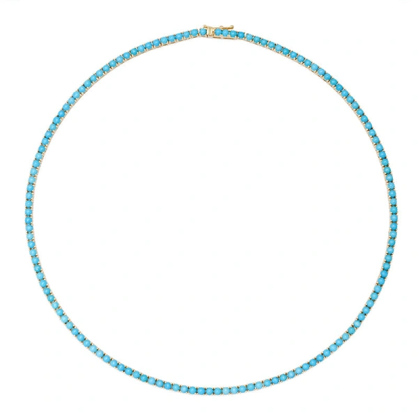 Jennifer Meyer Large 4 Prong Turquoise Tennis Necklace in 18K Yellow Gold | Fine Necklaces | Coveti
