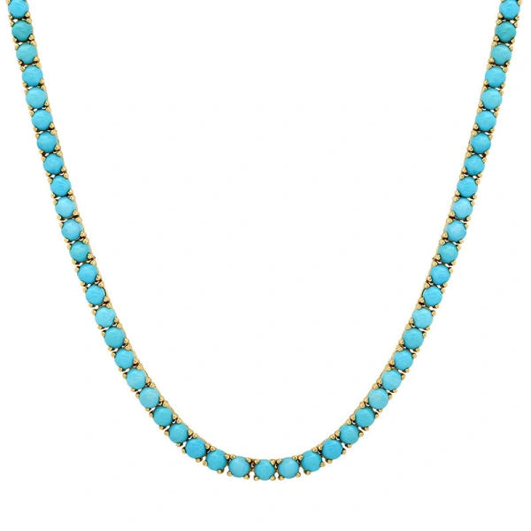 Jennifer Meyer Large 4 Prong Turquoise Tennis Necklace in 18K Yellow Gold | Fine Necklaces | Coveti