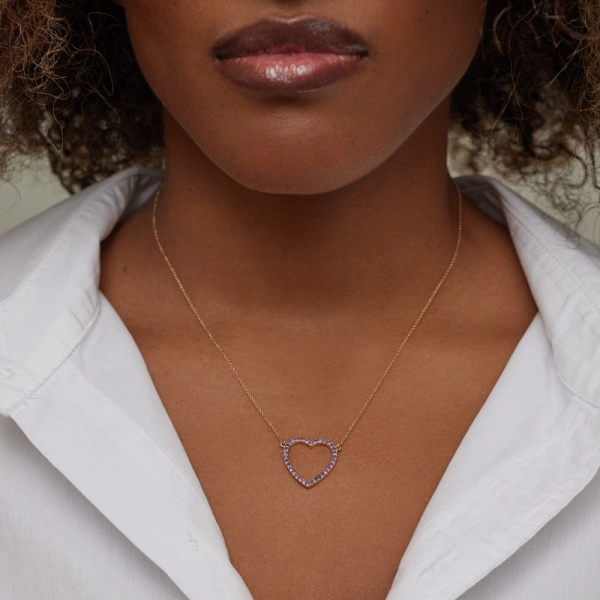 Jennifer Meyer Large Amethyst Open Heart Necklace in 18K Yellow Gold | Fine Necklaces | Coveti