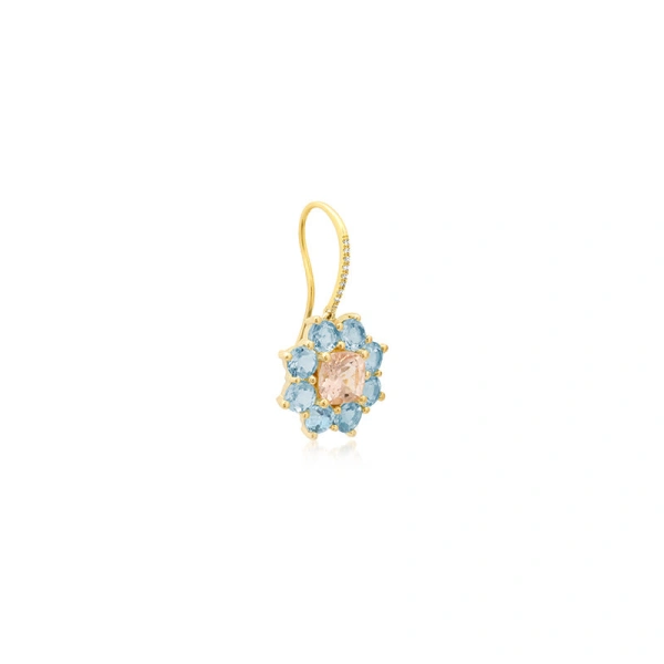 Jennifer Meyer Large Aquamarine Flower Drop Earrings with Morganite Center in 18K Yellow Gold | Fine Earrings | Coveti