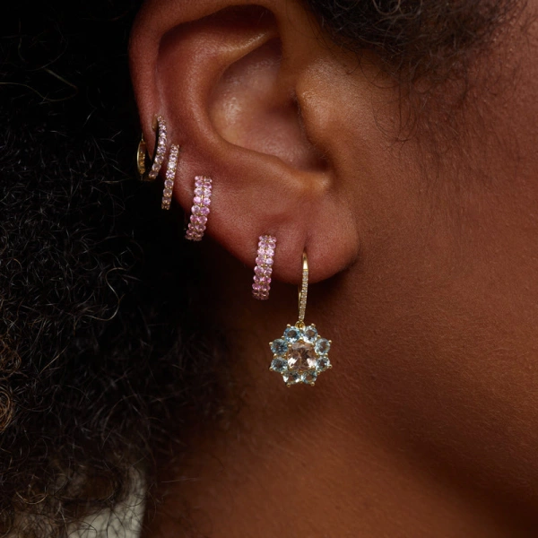 Jennifer Meyer Large Aquamarine Flower Drop Earrings with Morganite Center in 18K Yellow Gold | Fine Earrings | Coveti