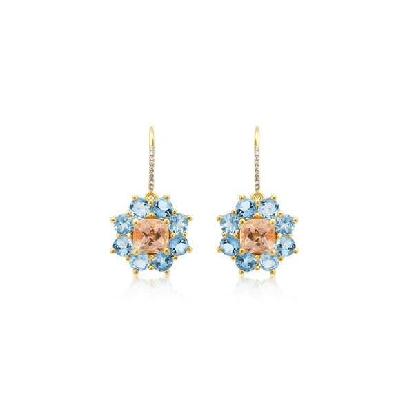 Jennifer Meyer Large Aquamarine Flower Drop Earrings with Morganite Center in 18K Yellow Gold | Fine Earrings | Coveti