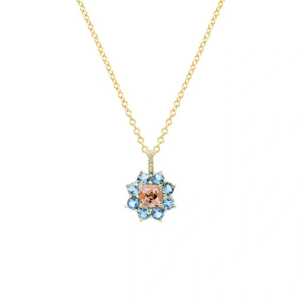 Jennifer Meyer Large Aquamarine Flower Necklace with Morganite Center in 18K Yellow Gold | Fine Necklaces | Coveti