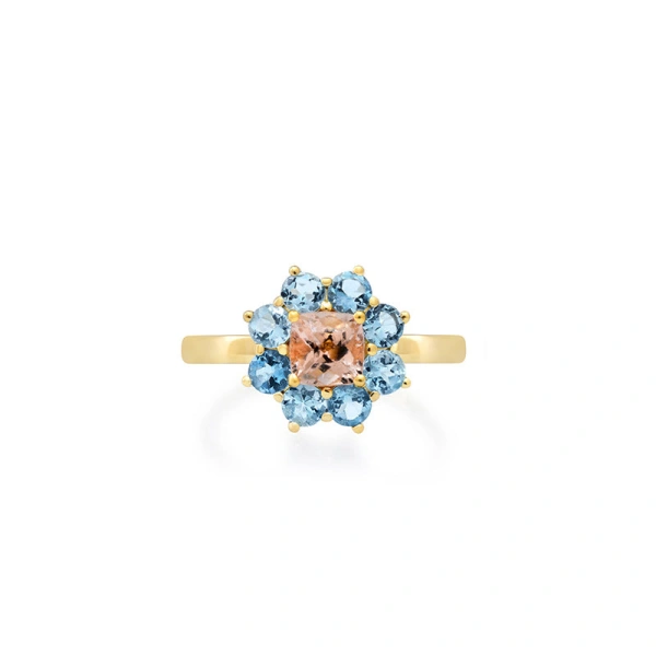 Jennifer Meyer Large Aquamarine Flower Ring with Morganite Center in 18K Yellow Gold | Fine Rings | Coveti