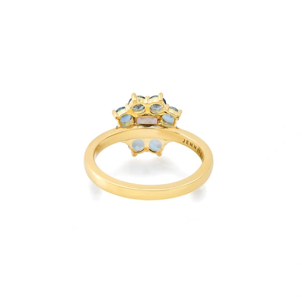 Jennifer Meyer Large Aquamarine Flower Ring with Morganite Center in 18K Yellow Gold | Fine Rings | Coveti