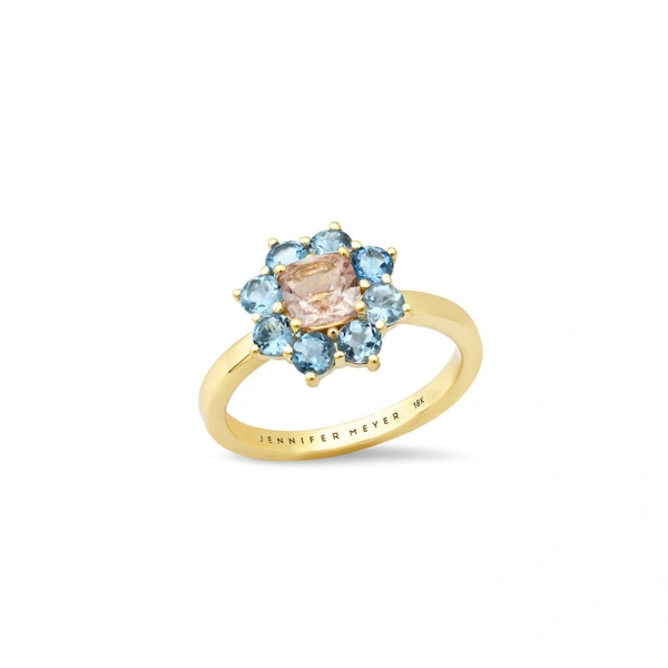 Jennifer Meyer Large Aquamarine Flower Ring with Morganite Center in 18K Yellow Gold | Fine Rings | Coveti