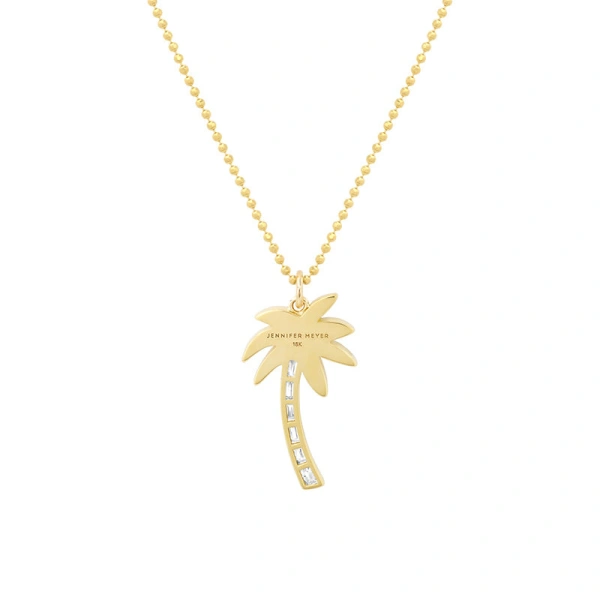 Jennifer Meyer Large Baguette and Diamond Palm Tree Pendant Necklace in 18K Yellow Gold | Fine Necklaces | Coveti