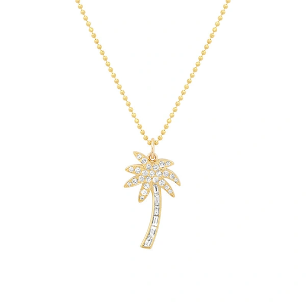 Jennifer Meyer Large Baguette and Diamond Palm Tree Pendant Necklace in 18K Yellow Gold | Fine Necklaces | Coveti