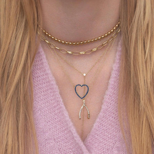 Jennifer Meyer Large Blue Sapphire Open Heart Necklace in 18K Yellow Gold | Fine Necklaces | Coveti