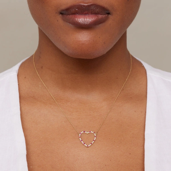 Jennifer Meyer Large Diamond, Pink Sapphire and Ruby Open Heart Necklace in 18K Yellow Gold | Fine Necklaces | Coveti