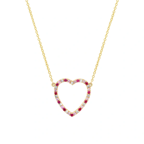 Jennifer Meyer Large Diamond, Pink Sapphire and Ruby Open Heart Necklace in 18K Yellow Gold | Fine Necklaces | Coveti