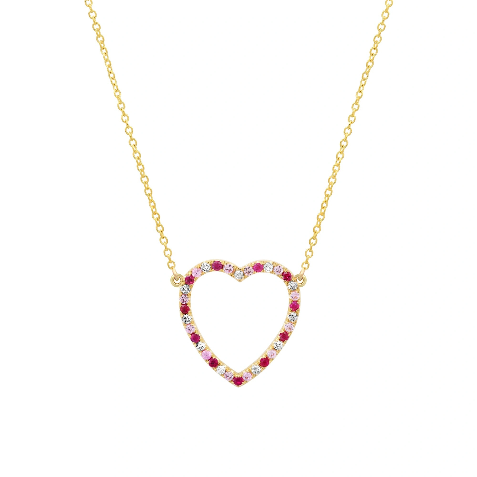 Jennifer Meyer Large Diamond, Pink Sapphire and Ruby Open Heart Necklace in 18K Yellow Gold Jennifer Meyer Large Diamond, Pink Sapphire and Ruby Open Heart Necklace in 18K Yellow Gold | Fine Necklaces | Coveti