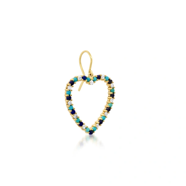 Jennifer Meyer Large Diamond, Turquoise and Lapis Open Heart Drop Earrings in 18K Yellow Gold | Fine Earrings | Coveti