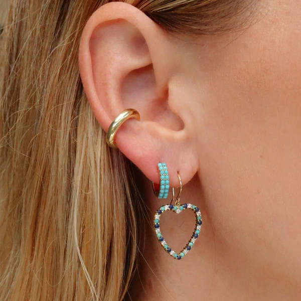 Jennifer Meyer Large Diamond, Turquoise and Lapis Open Heart Drop Earrings in 18K Yellow Gold | Fine Earrings | Coveti