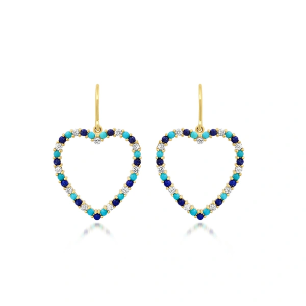 Jennifer Meyer Large Diamond, Turquoise and Lapis Open Heart Drop Earrings in 18K Yellow Gold | Fine Earrings | Coveti