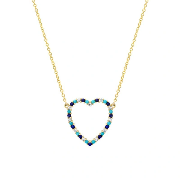 Jennifer Meyer Large Diamond, Turquoise and Lapis Open Heart Necklace in 18K Yellow Gold | Fine Necklaces | Coveti
