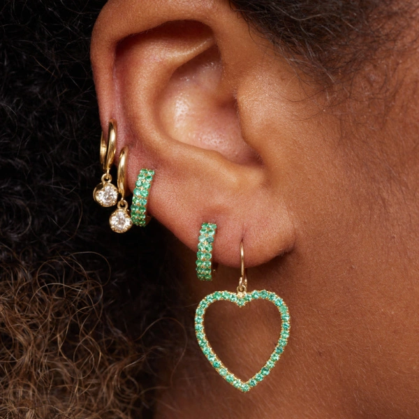 Jennifer Meyer Large Emerald Open Heart Drop Earrings in 18K Yellow Gold | Fine Earrings | Coveti
