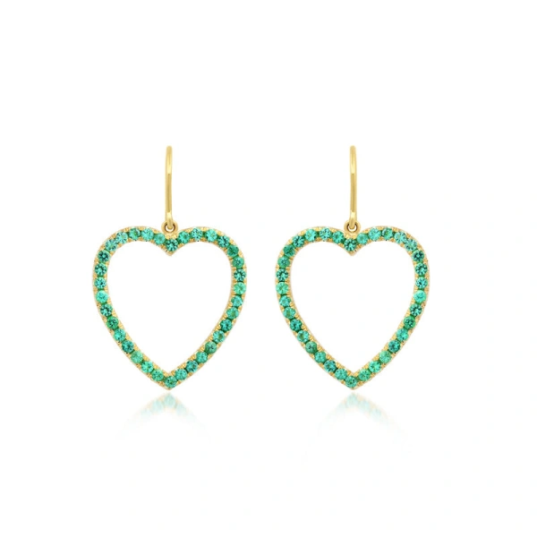 Large Emerald Open Heart Drop Earrings in 18K Yellow Gold