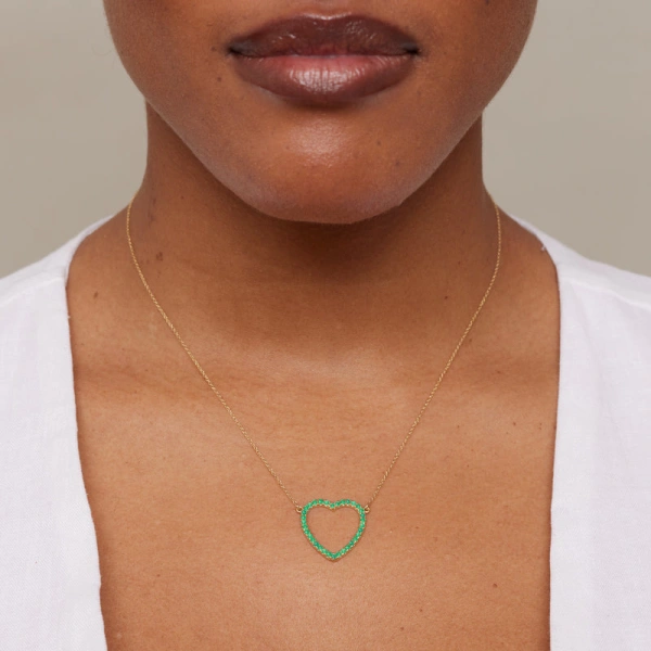 Jennifer Meyer Large Emerald Open Heart Necklace in 18K Yellow Gold | Fine Necklaces | Coveti