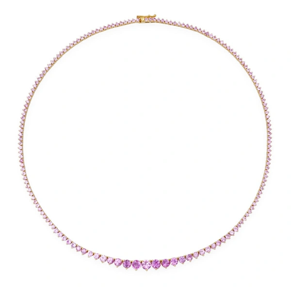 Jennifer Meyer Large Graduated 3 Prong Pink Sapphire Tennis Necklace in 18K Yellow Gold | Fine Necklaces | Coveti