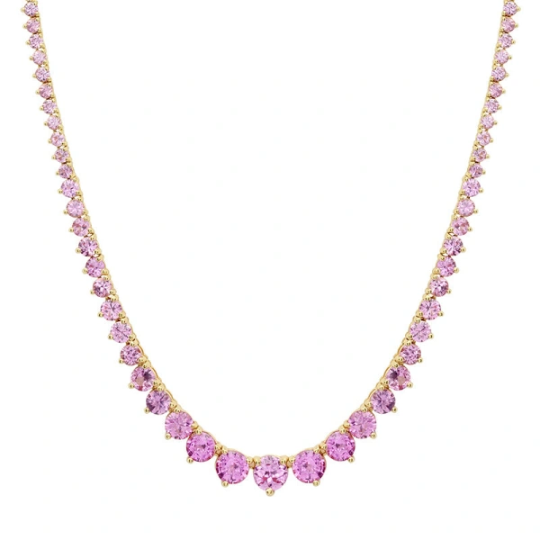 Large Graduated 3 Prong Pink Sapphire Tennis Necklace in 18K Yellow Gold