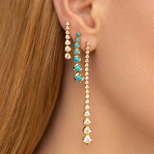Jennifer Meyer Large Graduated Turquoise Tennis Studs in 18K Yellow Gold | Fine Earrings | Coveti