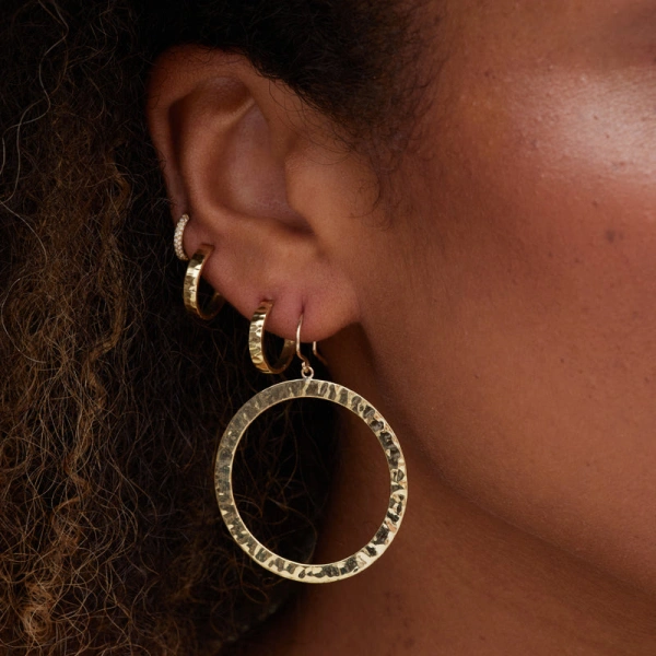 Jennifer Meyer Large Hammered Open Circle Drop Earrings in 18K Yellow Gold | Fine Earrings | Coveti