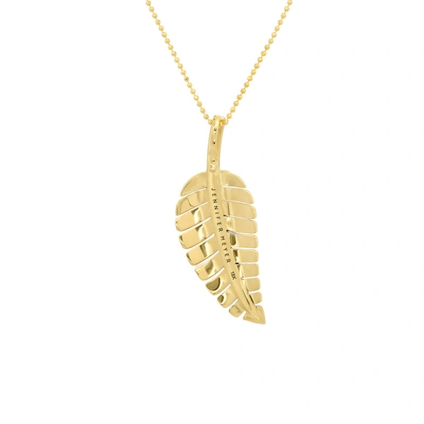 Jennifer Meyer Large Leaf Necklace With Baguette Cut Diamond Detail in 18K Yellow Gold | Fine Necklaces | Coveti