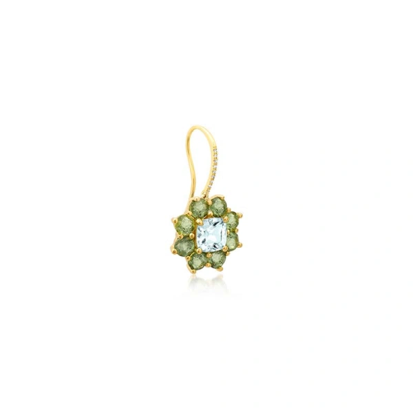 Jennifer Meyer Large Mint Tourmaline Flower Drop Earrings with Aquamarine Center in 18K Yellow Gold | Fine Earrings | Coveti