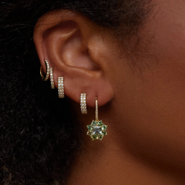 Jennifer Meyer Large Mint Tourmaline Flower Drop Earrings with Aquamarine Center in 18K Yellow Gold | Fine Earrings | Coveti
